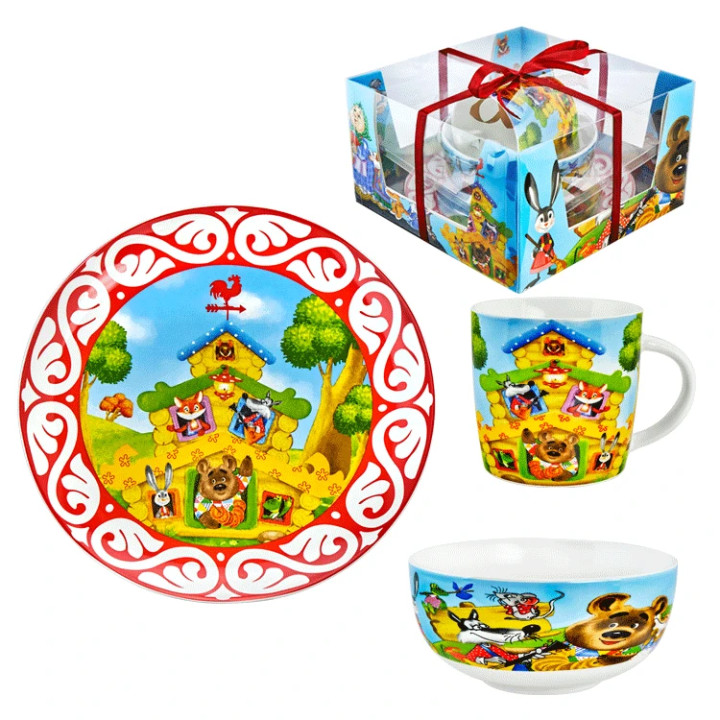 3-tlg. Set für Kinder Teremok, Becher 300 ml, Suppenteller 600 ml, Teller 20 cm, porzelan