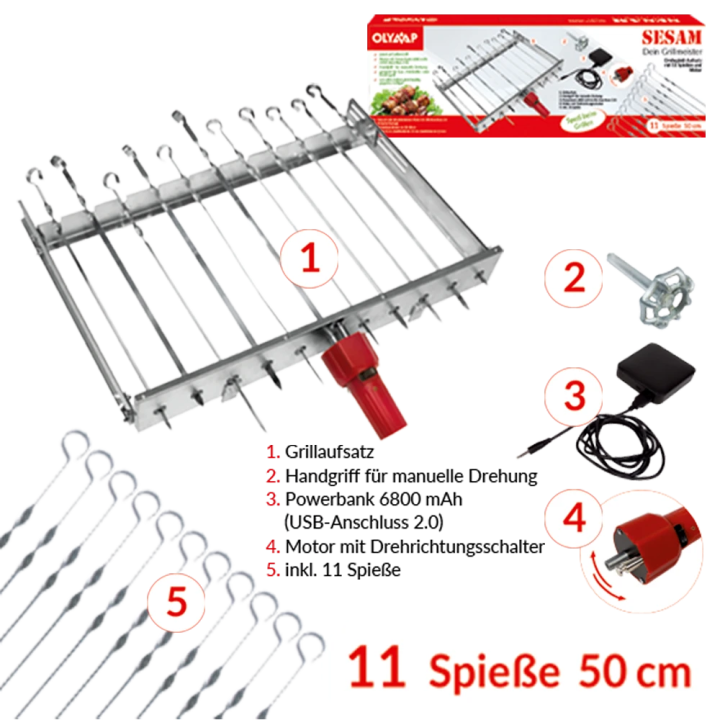 Mehrfacher Drehspieß für 11 Spieße SESAM mit Motor und Akku! L 62 cm, Breite regulierbar 24-40 cm