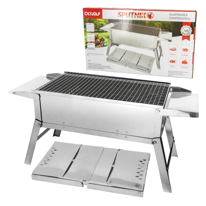 Klappbarer Campinggrill SPUTNIK aus Edelstahl 0,6 mm, 67,5 x 25,5 x 32 cm, 3,4 kg