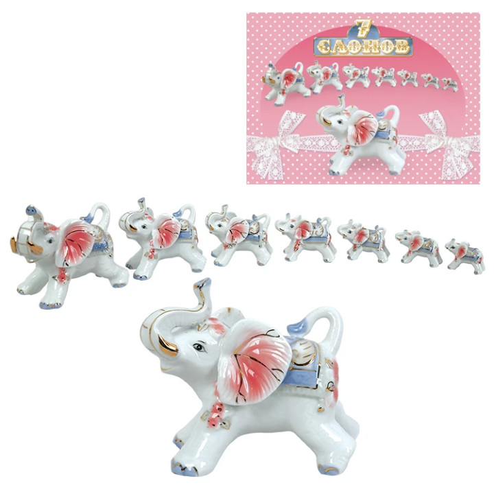 Figuren-Set 7 Elefanten rose, aus Porzellan, Figurenhöhe von 3 cm bis 9 cm