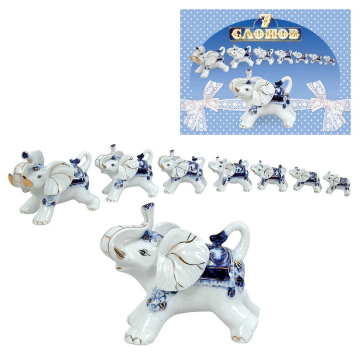 Figuren-Set 7 Elefanten blau, aus Porzellan, Figurenhöhe von 3 cm bis 9 cm