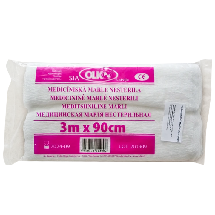 Mullbinde, Verbandmittel Marlja unsteril, 100% Baumwolle, 3 m x 90 cm
