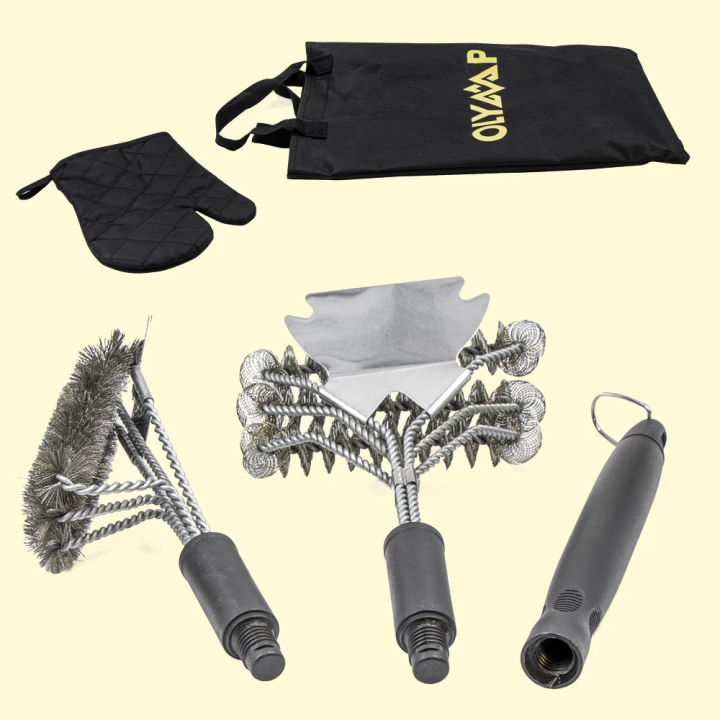 Grill Set in Branded Bag: Glove, 41 cm Brush with Scraper, 45 cm Brush with Scraper, Interchangeable Handle