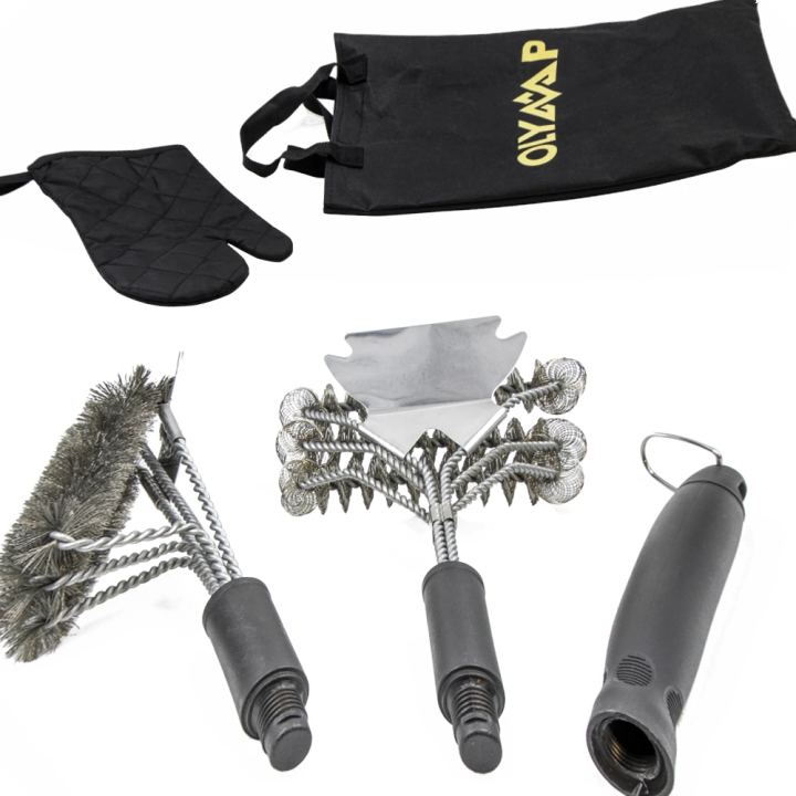 Grill Set in Branded Bag: Glove, 41 cm Brush with Scraper, 45 cm Brush with Scraper, Interchangeable Handle