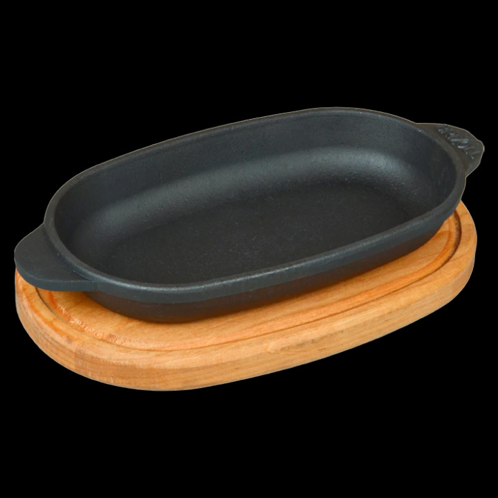 Brizoll Oval Cast Iron Frying Pan with Wooden Base, H1810, 18 x 10 x 2,5 cm