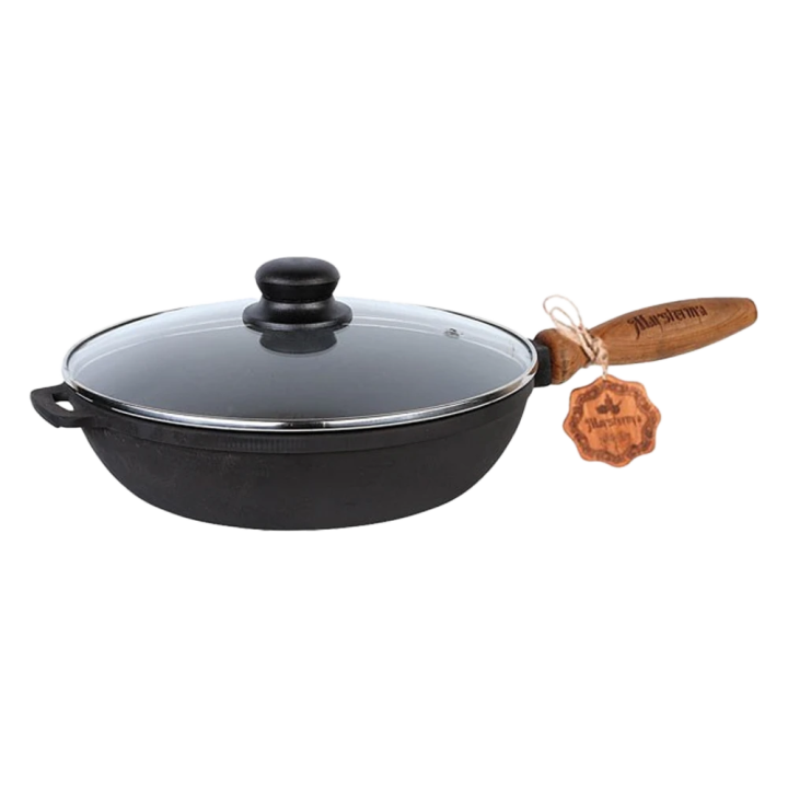 Cast iron frying pan with wooden handle and glass lid 24×4 cm