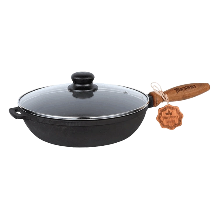 Bratpfanne aus Gusseisen mit Holzgriff und Glasdeckel 26×6 cm