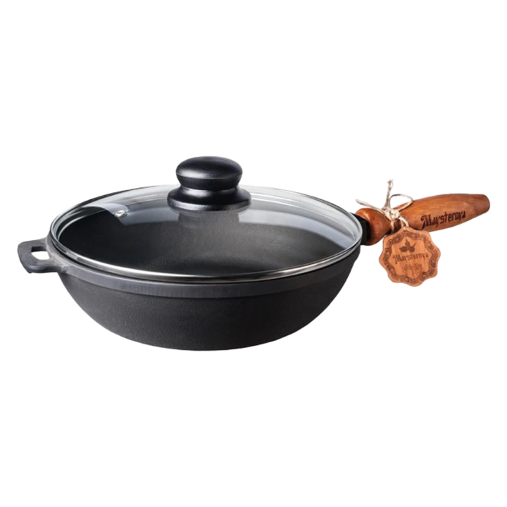 Cast iron frying pan with wooden handle and glass lid 28×6 cm