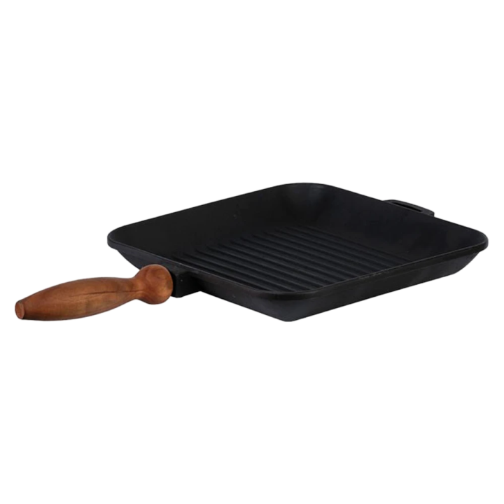 Grillpfanne aus Gusseisen mit Holzgriff 28x28x4 cm